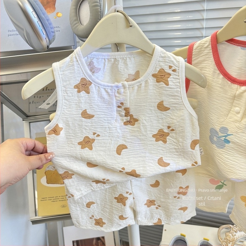 Dječji bezrukavni set topa i šortseva, korejski stil kućna odjeća, ljeto, unisex, 100% poliester