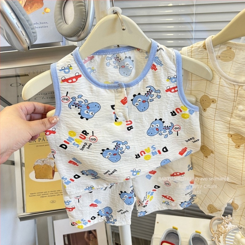 Dječji bezrukavni set topa i šortseva, korejski stil kućna odjeća, ljeto, unisex, 100% poliester