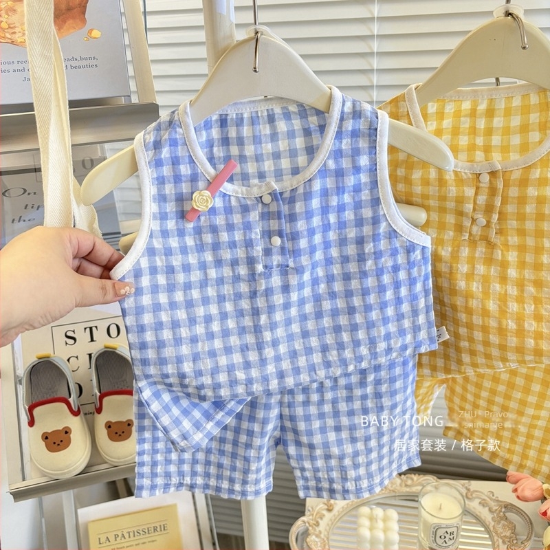 Dječji bezrukavni set topa i šortseva, korejski stil kućna odjeća, ljeto, unisex, 100% poliester