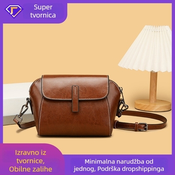 Ženska torbica od prave kože, crossbody, mali kvadratni oblik, završna obrada uljnog voska, zatvarač, poliester podstava