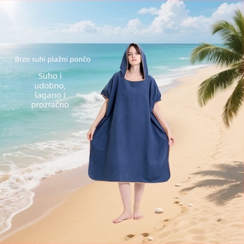 Mikrovlaknasti plažni ogrtač s kapuljom, obrađen i prilagođen, upija vlagu, brzo se suši, težina tkanine 200–300 g/m²