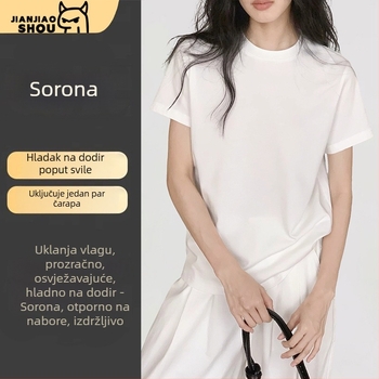 Ženski pamukasti T-shirt s kratkim rukavima, udoban kroj, okrugli izrez, srednje duljine