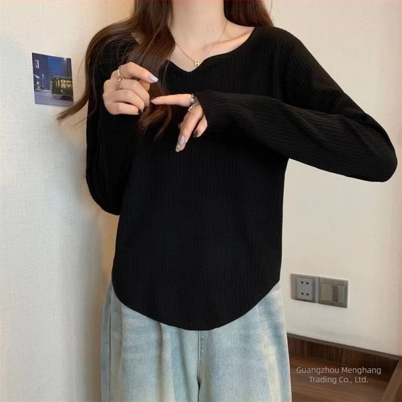2025 Plus size top s pokrivanjem trbuha, desno rame, dugi rukav, V-izrez, za žene, jesen-zima, srednje duljine