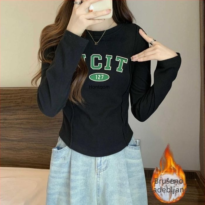 Ženski top s dugim rukavima, zakrivljenim rubom i unutarnjim flisom za jesen i zimu