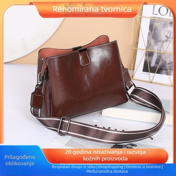 Ženska kožna crossbody torbica, koža s uljem voskom, velika kapaciteta, horizontalni kvadratni oblik, zatvaranje na zip