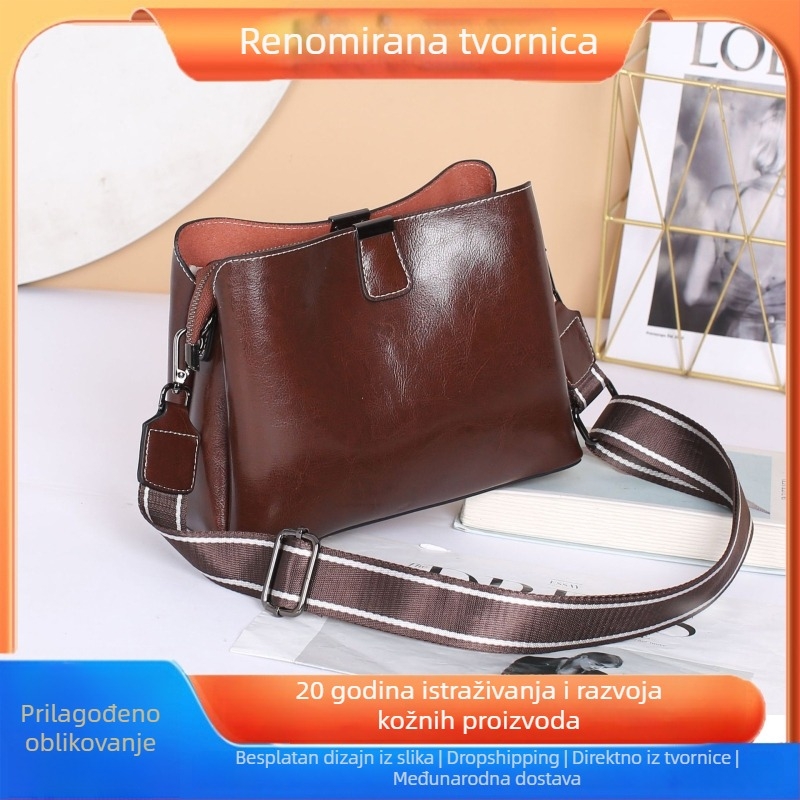 Ženska kožna crossbody torbica, koža s uljem voskom, velika kapaciteta, horizontalni kvadratni oblik, zatvaranje na zip