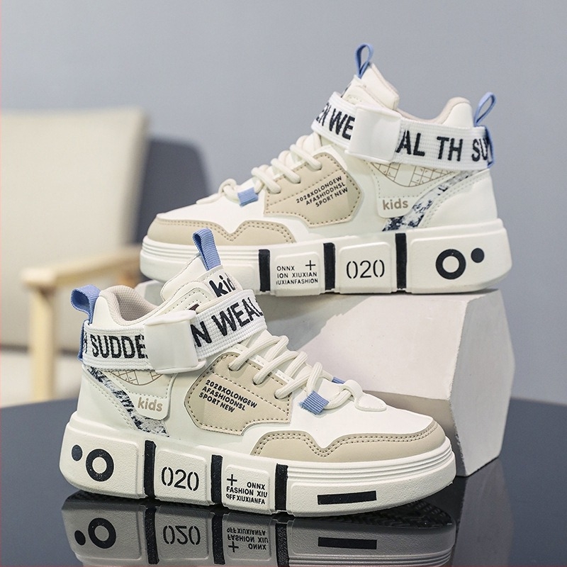 Muške visokoklopne tenisice s umjetnom kožom, mekana potplata, protuklizni potplat, jesen, za djecu 7–16 godina