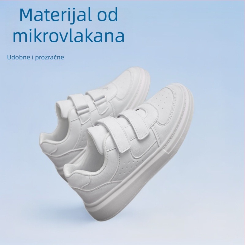 Bijele dječje tenisice s kožnim gornjim dijelom, unisex, niski kroj, zatvaranje na Velcro traku, prozračne, protuklizna potplata