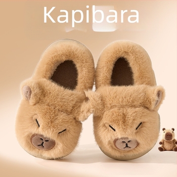 Kapibala dječje pamučne papuče, toplom plišanom postavom, karikaturni uzorak, protuklizna podloga, zatvoren stražnji dio, za jesen i zimu