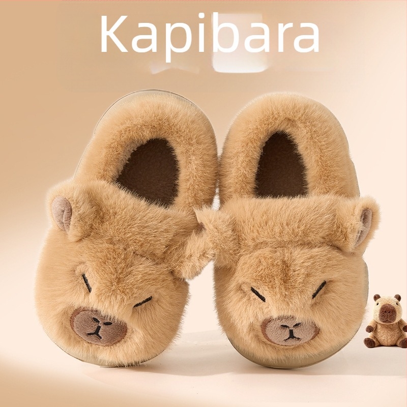Kapibala dječje pamučne papuče, toplom plišanom postavom, karikaturni uzorak, protuklizna podloga, zatvoren stražnji dio, za jesen i zimu