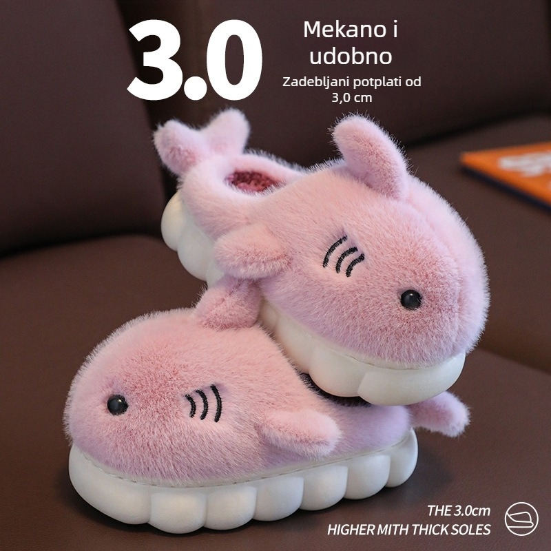 Dječje zimske pamučne papuče s karikaturnom ajkulom, unisex, plišana podstava, tople, s protukliznom potplatom