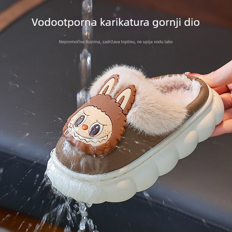 Dječje papuče od pamuka s fleece gornjim dijelom, cartoon stil, protuklizna gumena potplata, za zimu i jesen