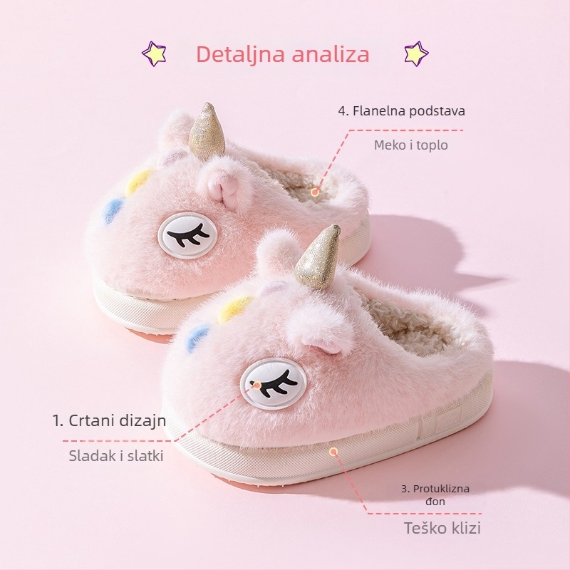 Dječje plišane papuče s jednorogom – zima, tople, protuklizna PVC podloga, uzrast 4–16, gornji pliš