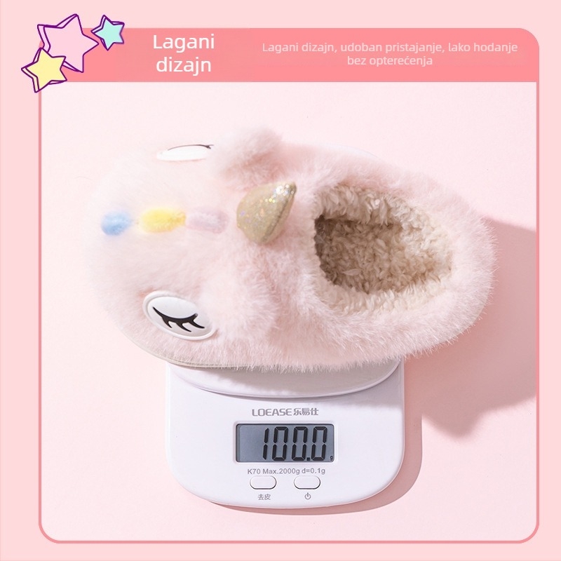 Dječje plišane papuče s jednorogom – zima, tople, protuklizna PVC podloga, uzrast 4–16, gornji pliš