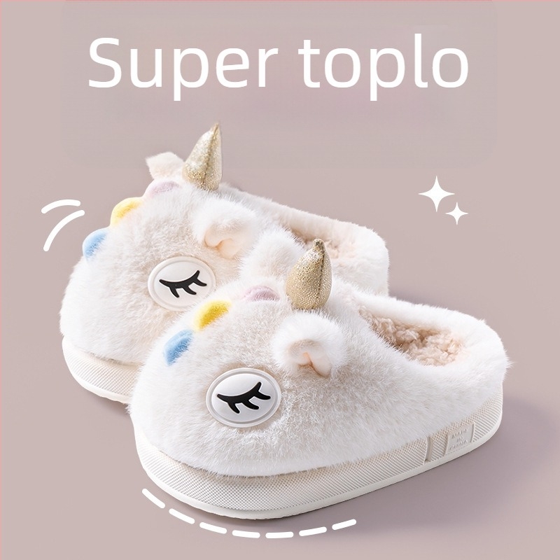 Dječje plišane papuče s jednorogom – zima, tople, protuklizna PVC podloga, uzrast 4–16, gornji pliš