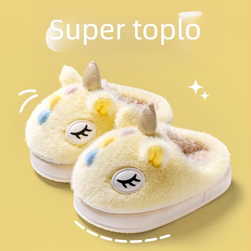 Dječje plišane papuče s jednorogom – zima, tople, protuklizna PVC podloga, uzrast 4–16, gornji pliš