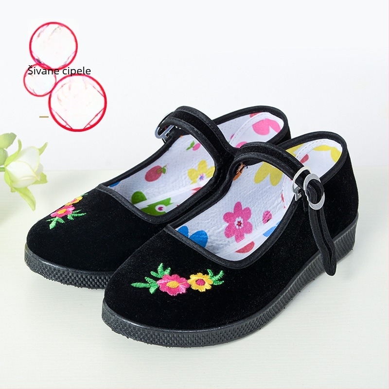 Dječje tradicionalne platnene plesne cipele s velveteen izvezom, gumena potplata, kopča