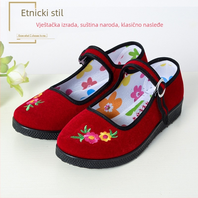 Dječje tradicionalne platnene plesne cipele s velveteen izvezom, gumena potplata, kopča