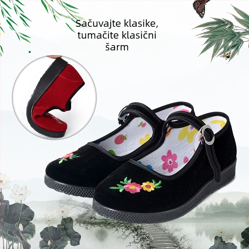 Dječje tradicionalne platnene plesne cipele s velveteen izvezom, gumena potplata, kopča