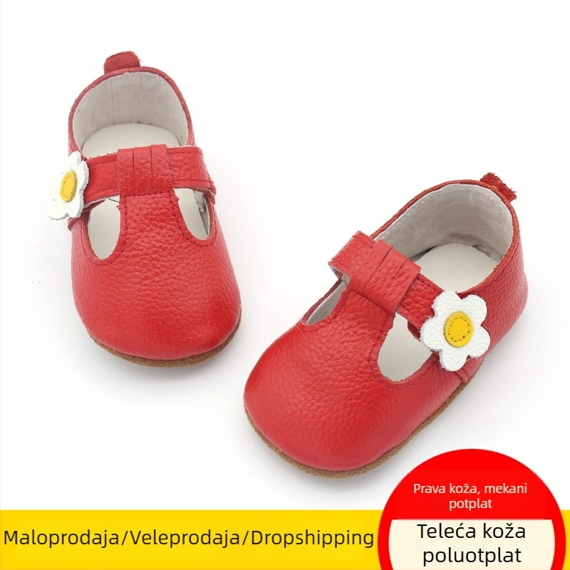 Cipele od prave kože za bebe i djecu predškolske dobi, s T-trakom i Velcro zatvaranjem, crveni cvjetni uzorak