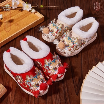 Dječje cipele s vezenjem u etničkom stilu za zimu, Hanfu inspirirane, 3D cvjetni uzorak, pamukova tkanina, debeli potplat