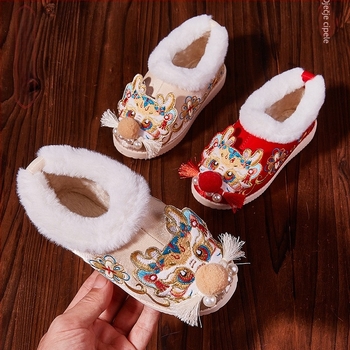 Dječje cipele s vezenjem u etničkom stilu za zimu, Hanfu inspirirane, 3D cvjetni uzorak, pamukova tkanina, debeli potplat