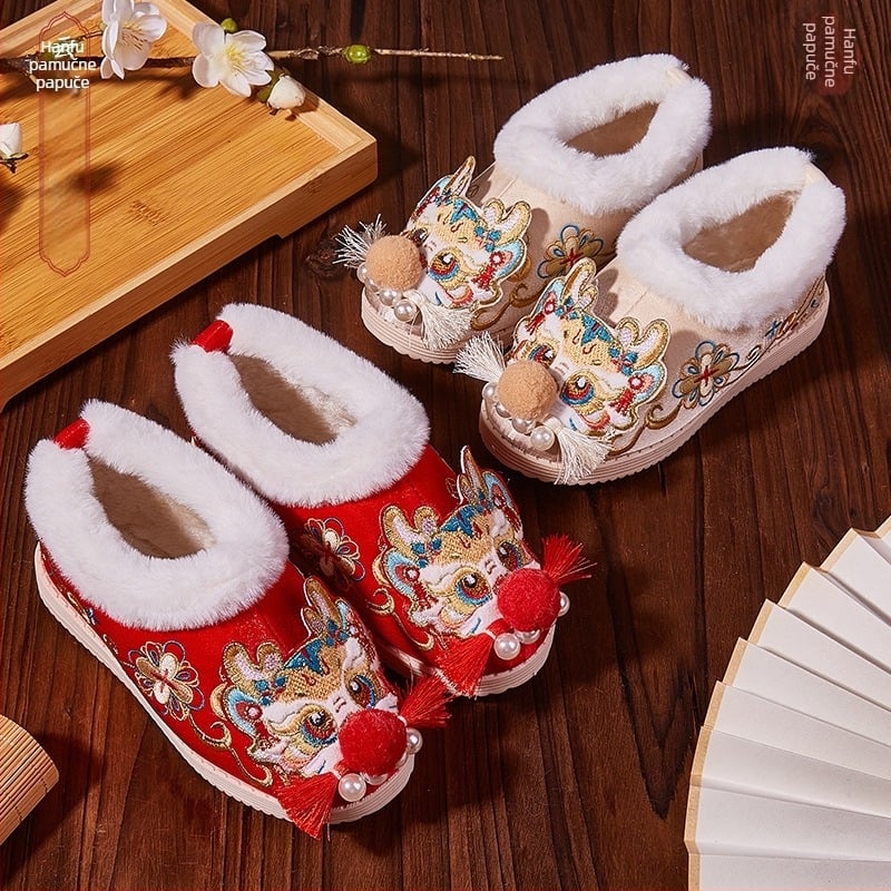 Dječje cipele s vezenjem u etničkom stilu za zimu, Hanfu inspirirane, 3D cvjetni uzorak, pamukova tkanina, debeli potplat