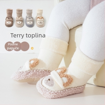 Unisex bebe čarapica-cipele za unutarnju upotrebu s flisom, protuklizna potplata, visoki vrh, karikatura uzorak, 12–36 mjeseci