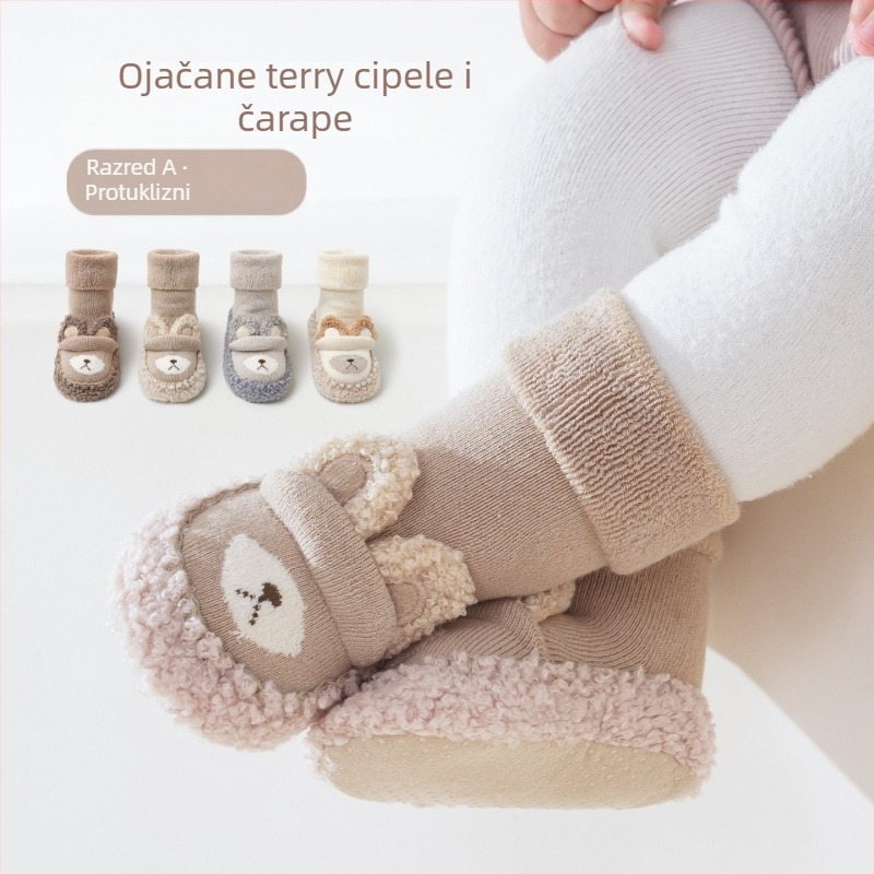 Unisex bebe čarapica-cipele za unutarnju upotrebu s flisom, protuklizna potplata, visoki vrh, karikatura uzorak, 12–36 mjeseci