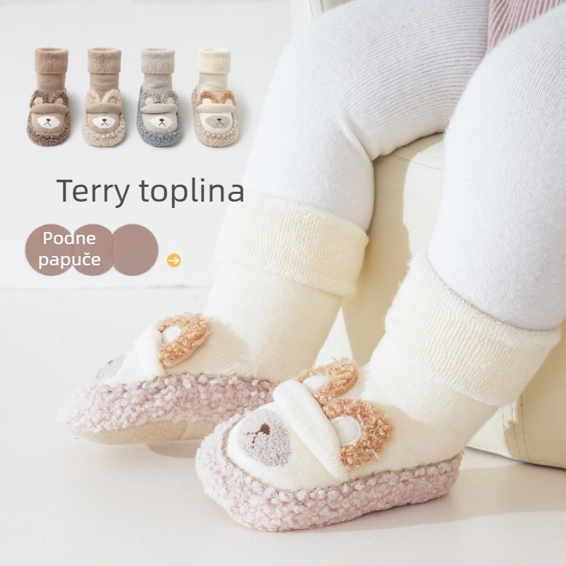 Unisex bebe čarapica-cipele za unutarnju upotrebu s flisom, protuklizna potplata, visoki vrh, karikatura uzorak, 12–36 mjeseci