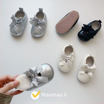 Zimske cipele za bebe djevojčice od velura s mašnicom, korejski stil, cipele s Velcro kopčom za hodanje