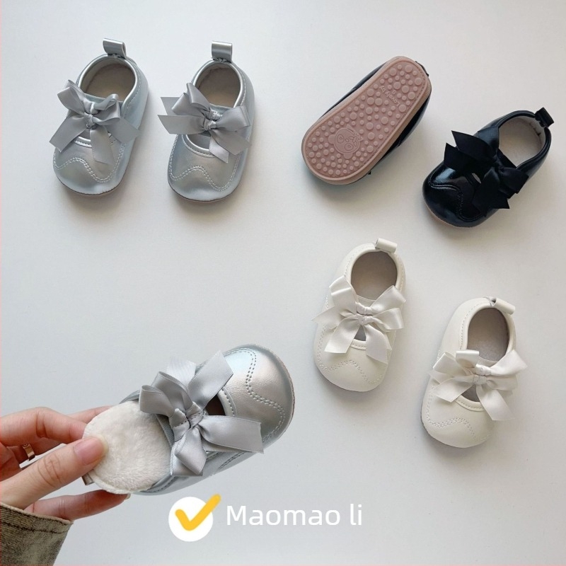 Zimske cipele za bebe djevojčice od velura s mašnicom, korejski stil, cipele s Velcro kopčom za hodanje