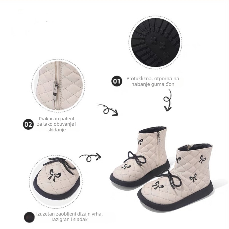 Tip proizvoda: Canyze dječje Martin čizme — princeza stil s mašnicom, bočni zip; gornji materijal: mikrovlakna koža; ulošak: prirodna koža; potplat: guma; niski kroj