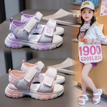 Plažne cipele za djevojčice | gornji dio od sintetičke kože, potplat od gume, Velcro zatvarač, jednobojni uzorak, korejski stil