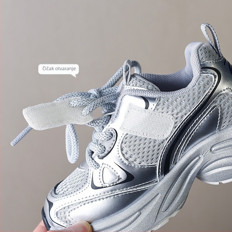 Unisex dječje tenisice u stilu dad shoes, proljeće–jesen 2025, prozračnai mrežasti gornji dio, srebrne lagane tenisice za trčanje