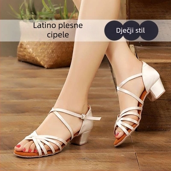 Latino plesne cipele za djecu, kožna podloga, ravni pet, pogodne za početnike u balnom plesu.