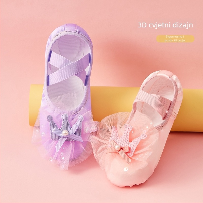 Dječje plesne cipele na slip-on, dizajn mačje šape, saten, cvjetna čipka, mekana potplata od teleće kože