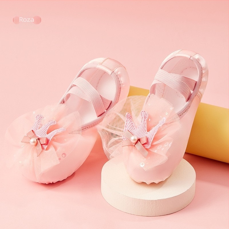 Dječje plesne cipele na slip-on, dizajn mačje šape, saten, cvjetna čipka, mekana potplata od teleće kože