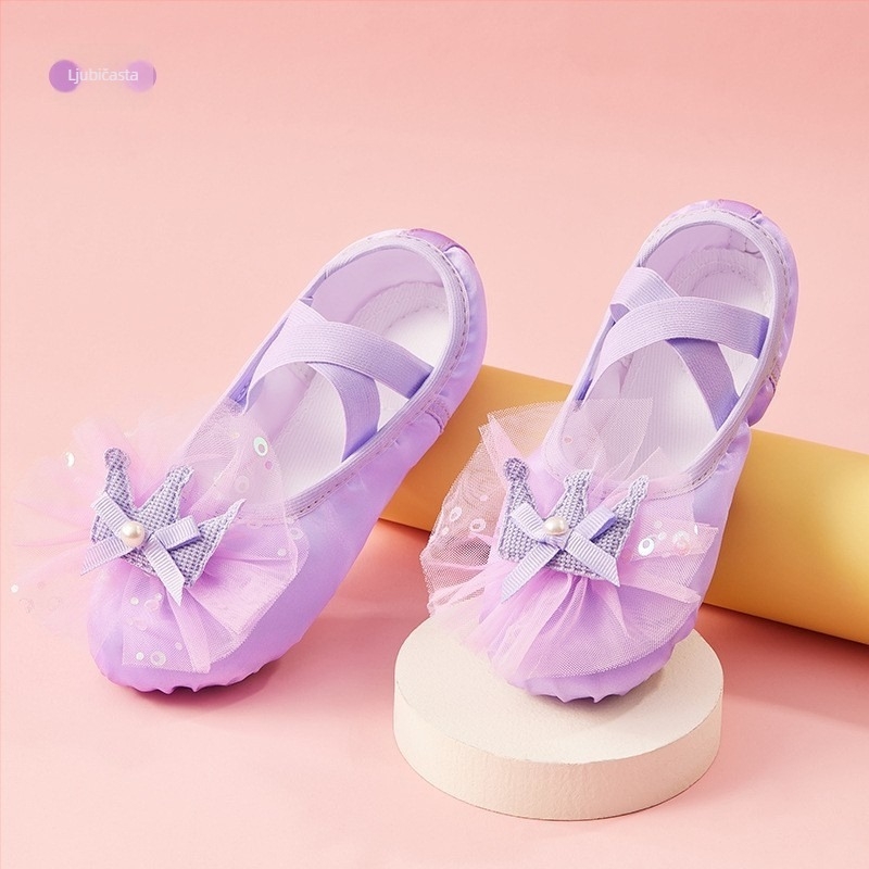 Dječje plesne cipele na slip-on, dizajn mačje šape, saten, cvjetna čipka, mekana potplata od teleće kože