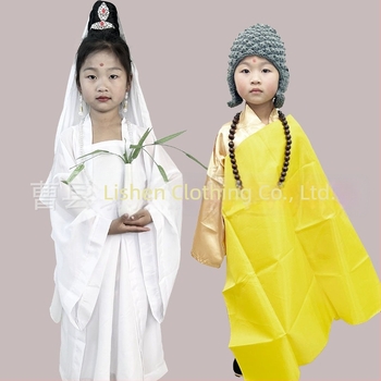 Dječji scenski kostim Guanyin Bodhisattva, kineskog stila; glavna tkanina 76% poliester, mješavina kemijskih vlakana, mekano obrađivanje, unisex.
