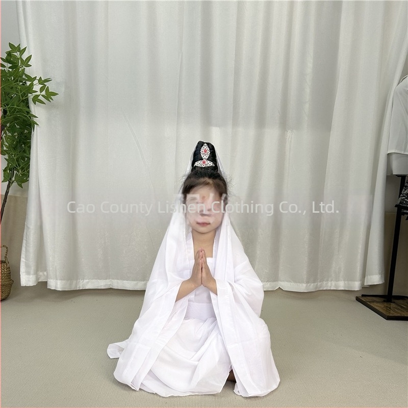Dječji scenski kostim Guanyin Bodhisattva, kineskog stila; glavna tkanina 76% poliester, mješavina kemijskih vlakana, mekano obrađivanje, unisex.