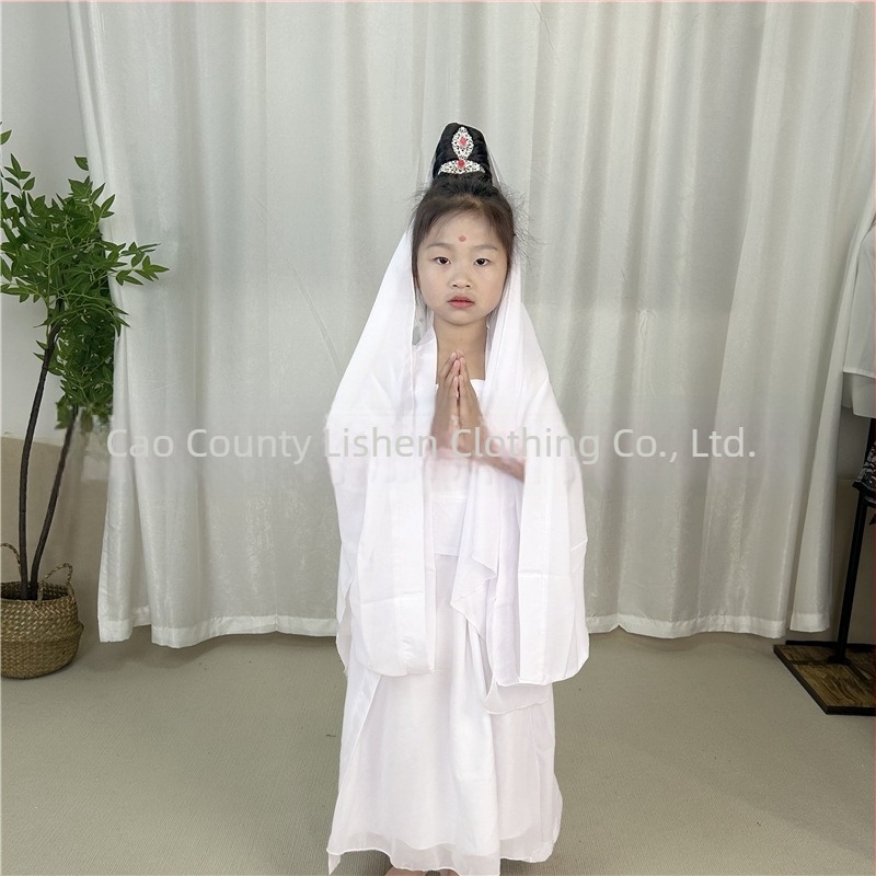 Dječji scenski kostim Guanyin Bodhisattva, kineskog stila; glavna tkanina 76% poliester, mješavina kemijskih vlakana, mekano obrađivanje, unisex.