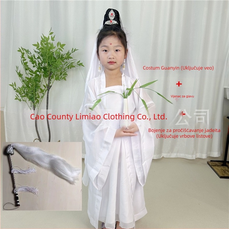 Dječji scenski kostim Guanyin Bodhisattva, kineskog stila; glavna tkanina 76% poliester, mješavina kemijskih vlakana, mekano obrađivanje, unisex.