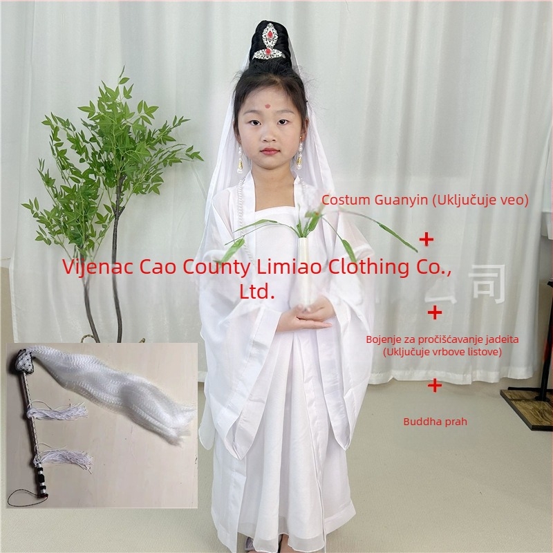Dječji scenski kostim Guanyin Bodhisattva, kineskog stila; glavna tkanina 76% poliester, mješavina kemijskih vlakana, mekano obrađivanje, unisex.