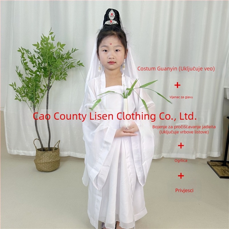 Dječji scenski kostim Guanyin Bodhisattva, kineskog stila; glavna tkanina 76% poliester, mješavina kemijskih vlakana, mekano obrađivanje, unisex.
