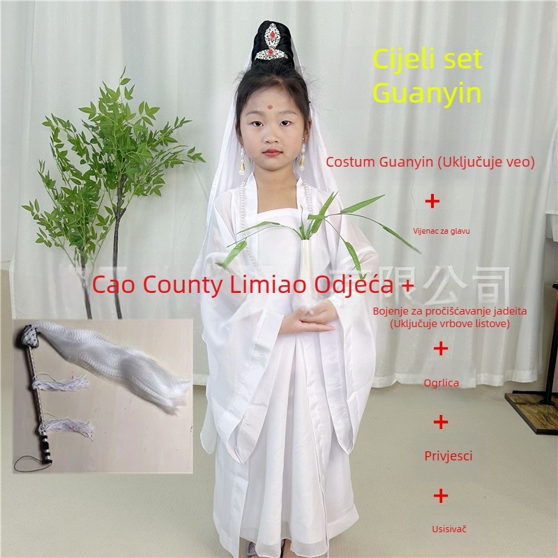 Dječji scenski kostim Guanyin Bodhisattva, kineskog stila; glavna tkanina 76% poliester, mješavina kemijskih vlakana, mekano obrađivanje, unisex.
