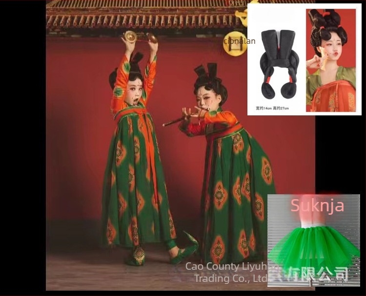 Dječji plesni kostim inspiriran Dunhuangom, kostim iz dinastije Tang, Hanfu stil za nastupe, chiffon tkanina, 70–80% poliester, pogodan za proljeće i jesen, uzrast 3–8 godina.
