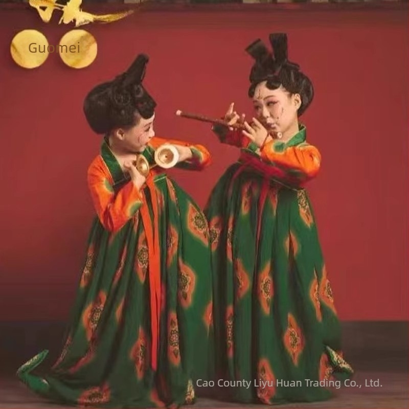 Dječji plesni kostim inspiriran Dunhuangom, kostim iz dinastije Tang, Hanfu stil za nastupe, chiffon tkanina, 70–80% poliester, pogodan za proljeće i jesen, uzrast 3–8 godina.