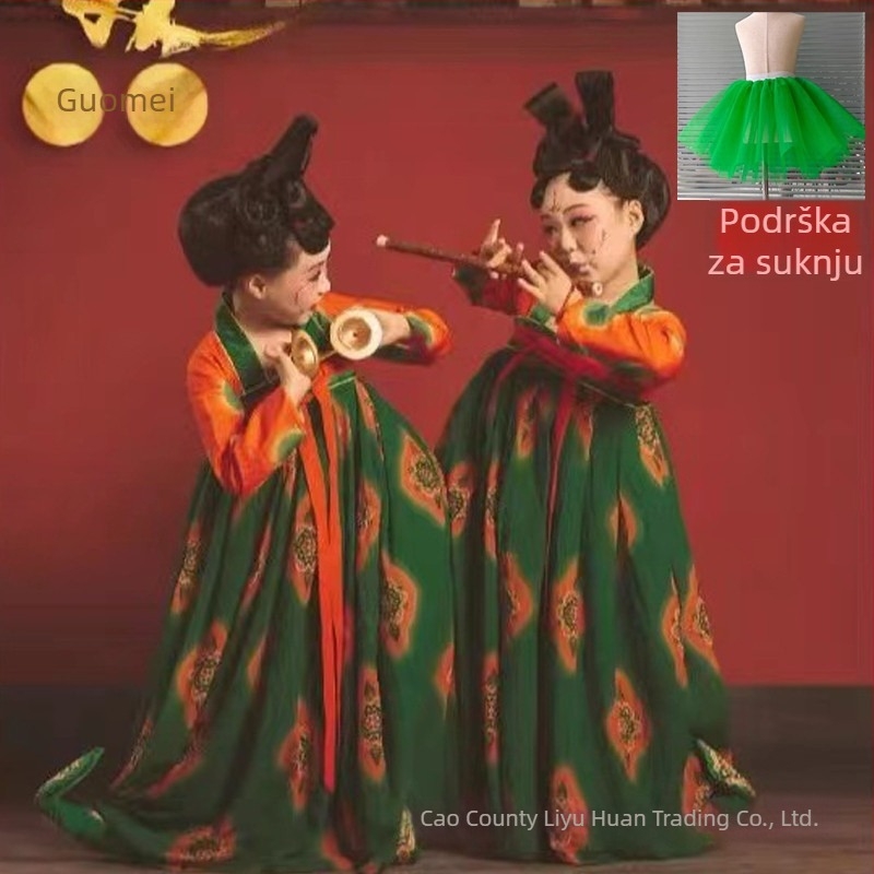 Dječji plesni kostim inspiriran Dunhuangom, kostim iz dinastije Tang, Hanfu stil za nastupe, chiffon tkanina, 70–80% poliester, pogodan za proljeće i jesen, uzrast 3–8 godina.