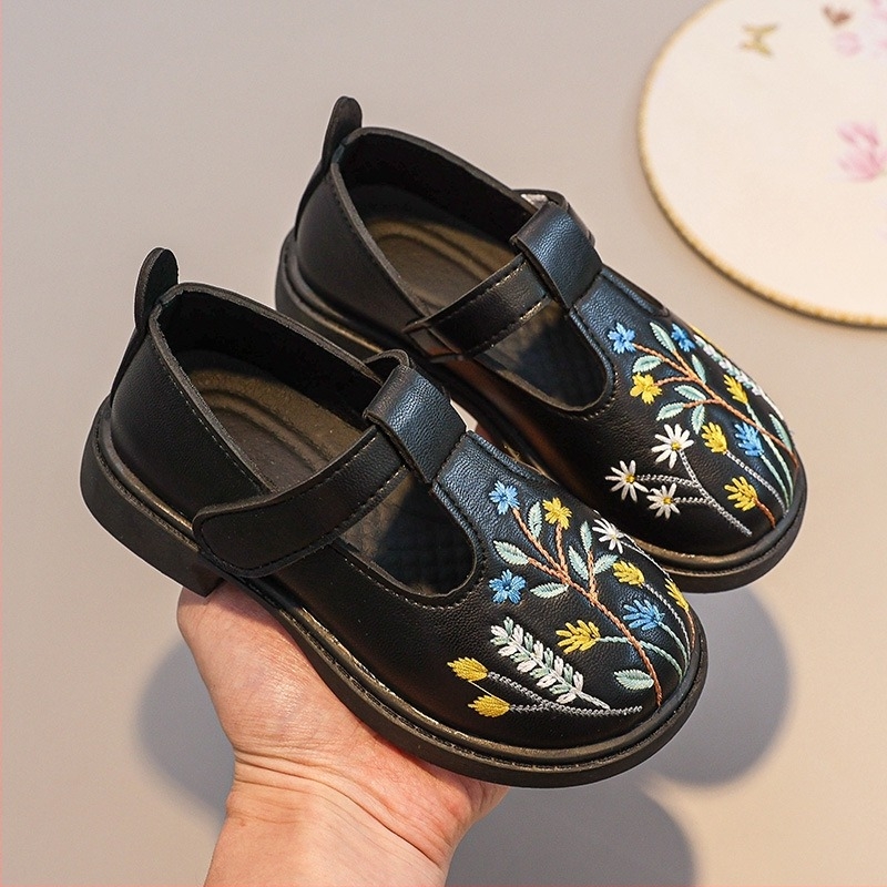 Dječje plesne cipele za princeze s mekanom potplatom, gornji dio od super vlakna, Velcro zatvaranje, izvezen cvjetni uzorak, gumena potplata – za plesne izvedbe